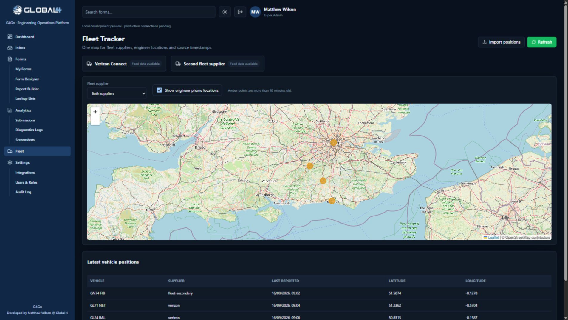 G4Go fleet tracker showing vehicles on a combined map