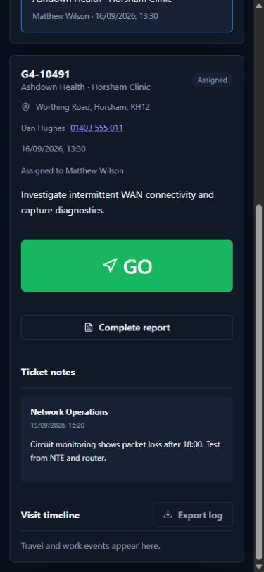 G4Go mobile engineer job view with a prominent Go button